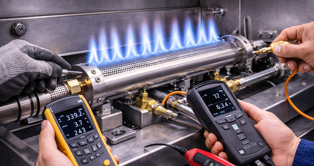 Ajuste de combustión y verificación de seguridad en quemadores industriales