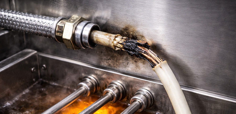 Cable eléctrico convencional dañado por altas temperaturas en equipos industriales de calor