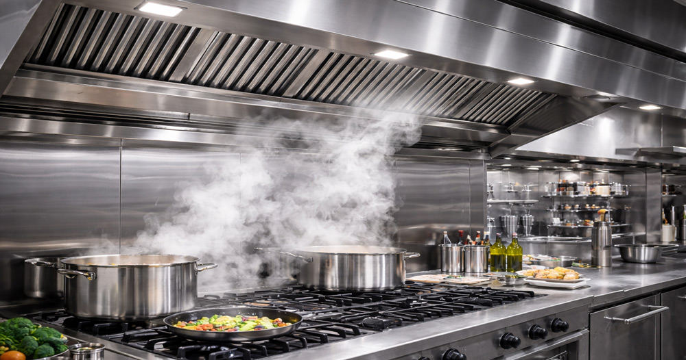 Campana extractora industrial con sistema de filtrado y extracción de olores en cocina profesional
