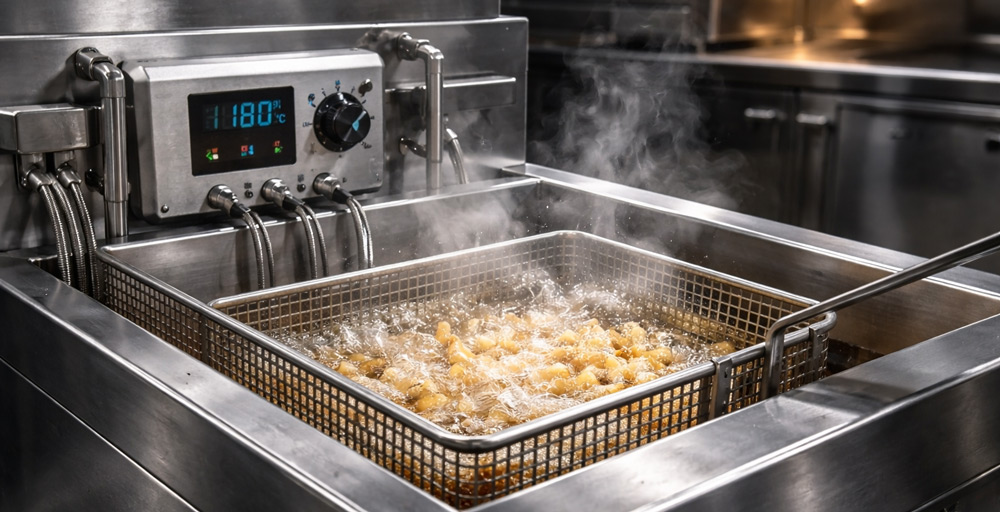 Freidora industrial en funcionamiento con termostato controlando la temperatura del aceite
