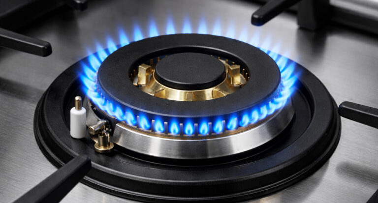 Quemador de estufa a gas con sistema de encendido funcionando correctamente