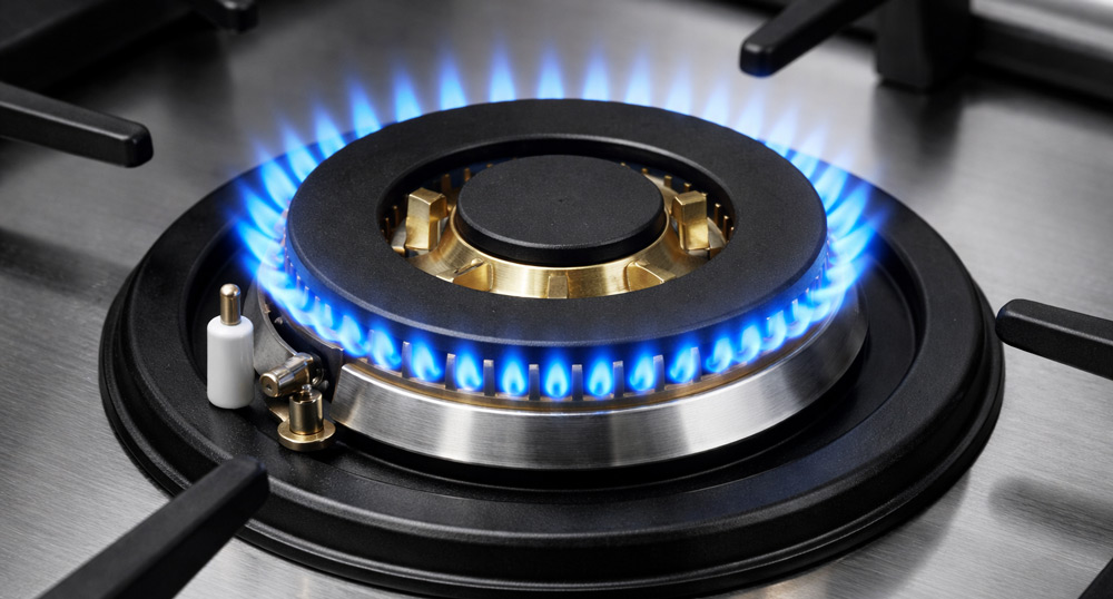 Quemador de estufa a gas con sistema de encendido funcionando correctamente
