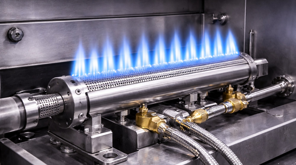 Quemador industrial a gas en funcionamiento con combustión eficiente
