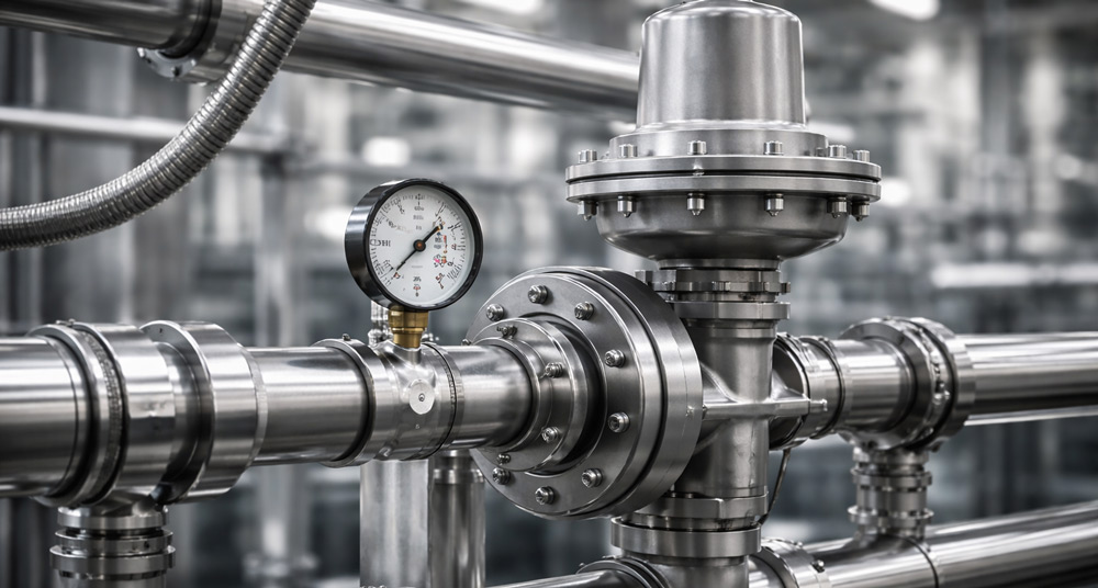 Regulador de gas industrial controlando la presión en sistema de seguridad para equipos a gas
