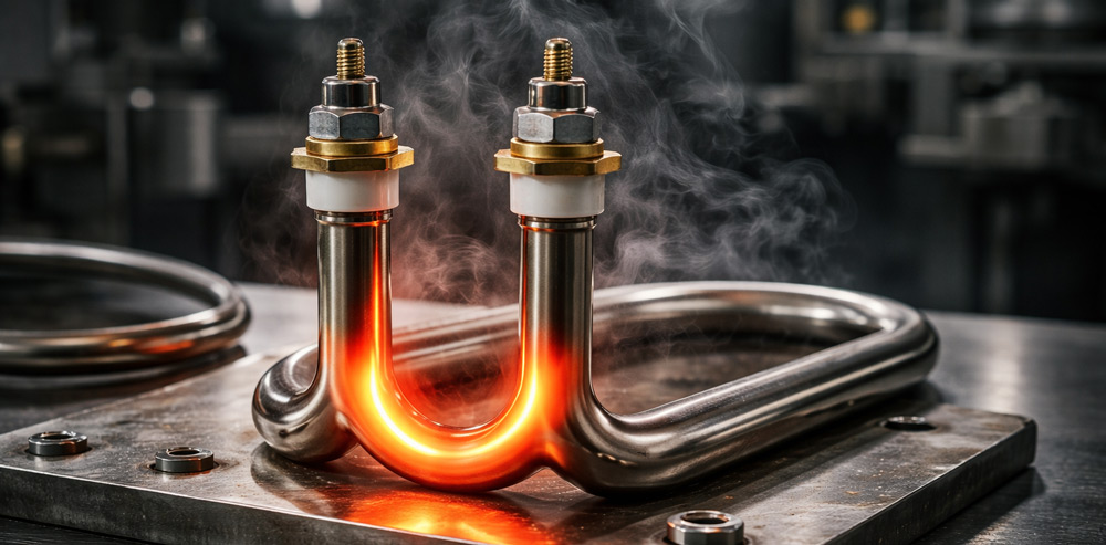 Resistencia eléctrica industrial en funcionamiento generando calor con brillo térmico visible
