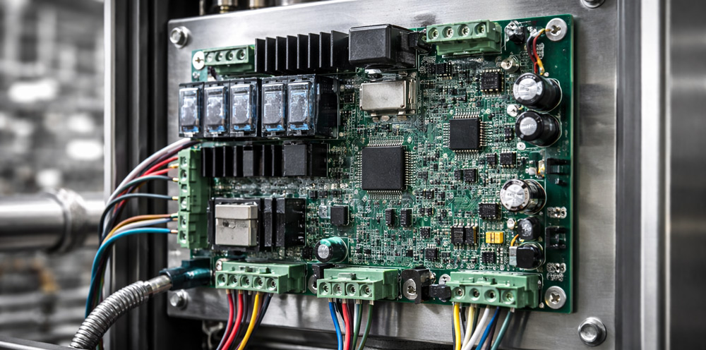 Tarjeta electrónica industrial controlando equipos de calor como hornos y freidoras
