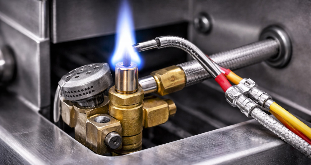 Termocupla instalada en piloto de gas de horno o freidora industrial
