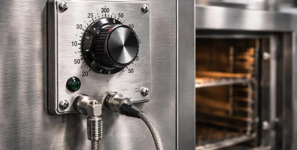 Imagen técnica de un termostato industrial instalado en un horno para regular la temperatura de resistencias eléctricas.
