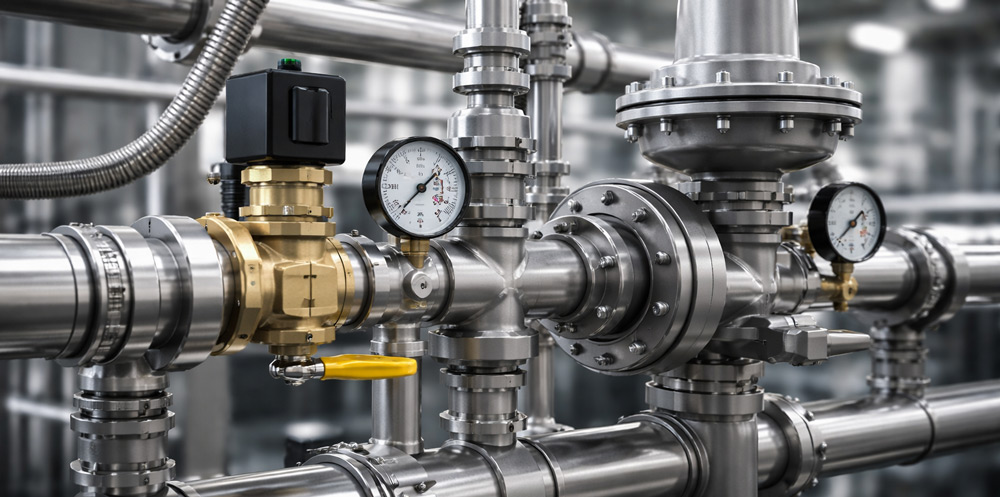 Válvulas y reguladores de gas industriales instalados en sistema de seguridad para hornos y freidoras
